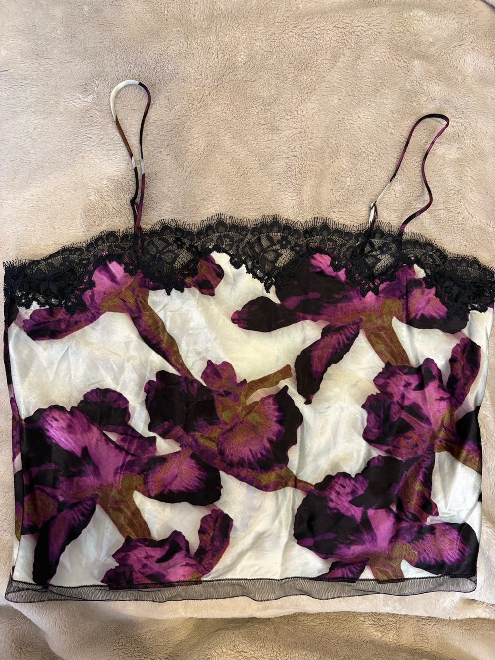 Floral Lace Trim silky Cami - Purple & Black
